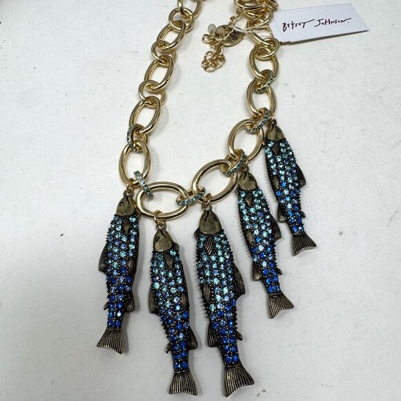 Betsey Johnson Fish Charm Rhinestone Necklace Goldtone Link - Picture 4 of 10